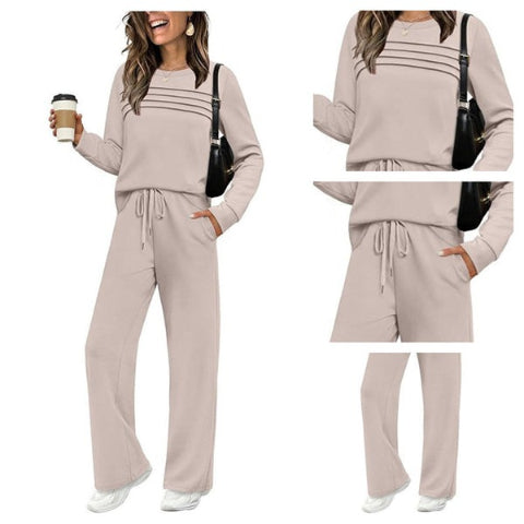 Women’s Crew Neck Lounge Set - Soft Cotton Top & Drawstring Pants