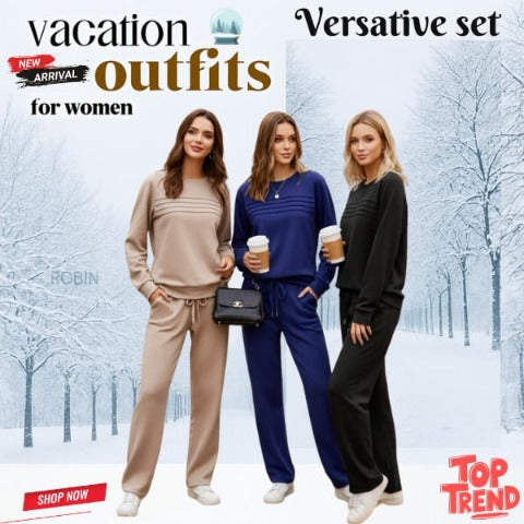 Women’s Crew Neck Lounge Set - Soft Cotton Top & Drawstring Pants